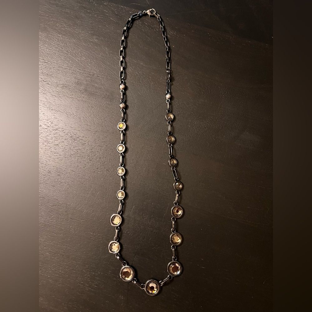 Elegant Gunmetal and Gold Jeweled Necklace
Paper clip chain hammered metal